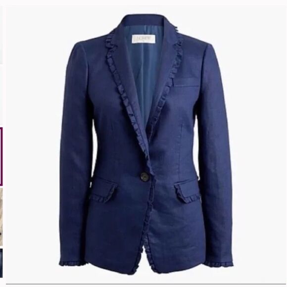 J. Crew Linen blazer with ruffle trim Navy Blue Size 00 - Picture 1 of 10